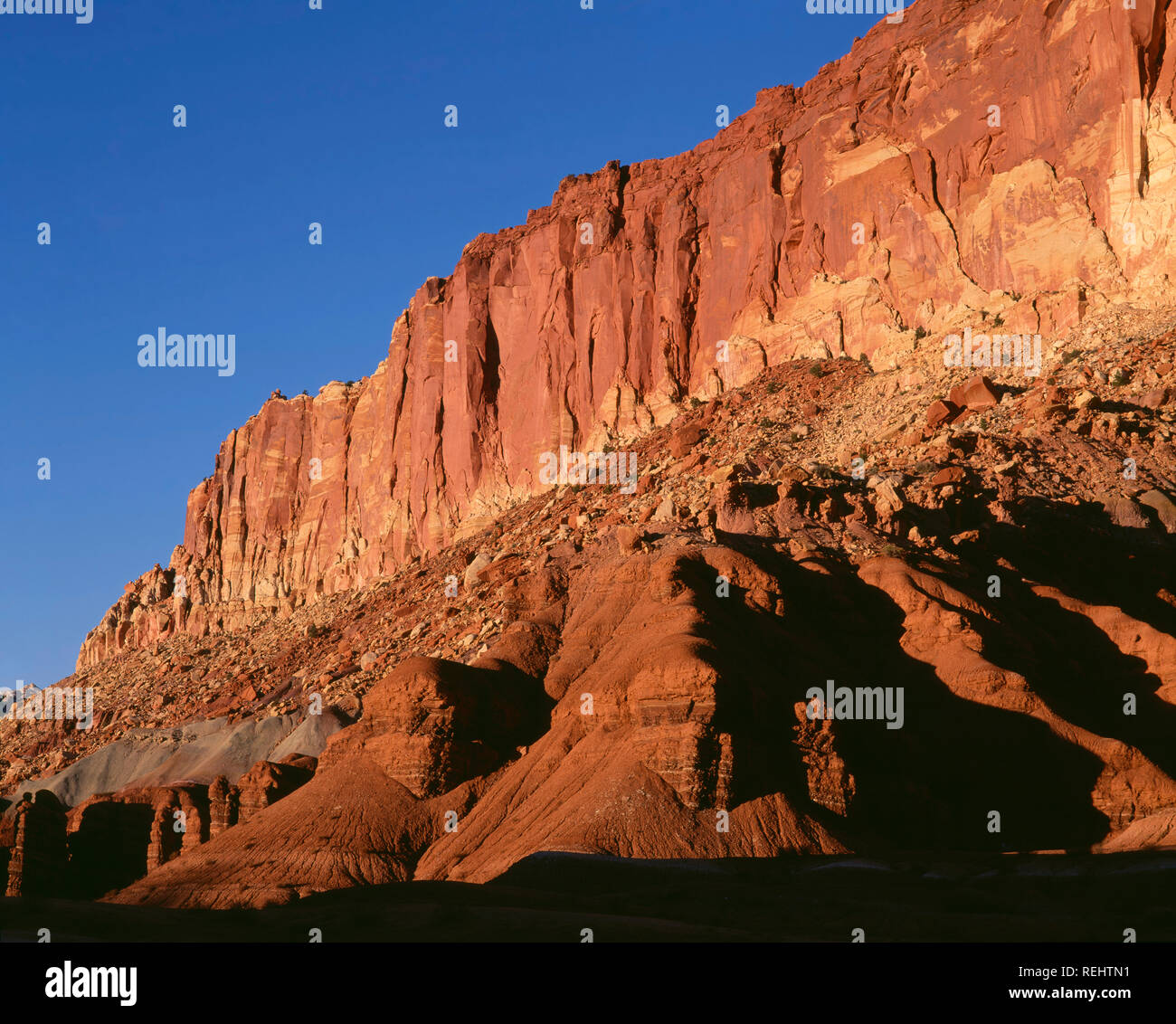USA, Utah, Capitol Reef National Park, Rugged cliffs form the western face of the Waterpocket Fold near Grand Wash. Stock Photo
