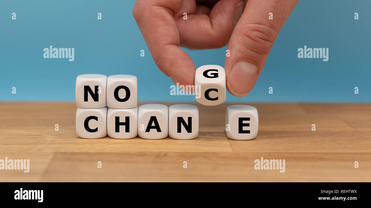 No change, no chance. Hand turns a dice and changes the expression 'no change' to 'no chance' Stock Photo