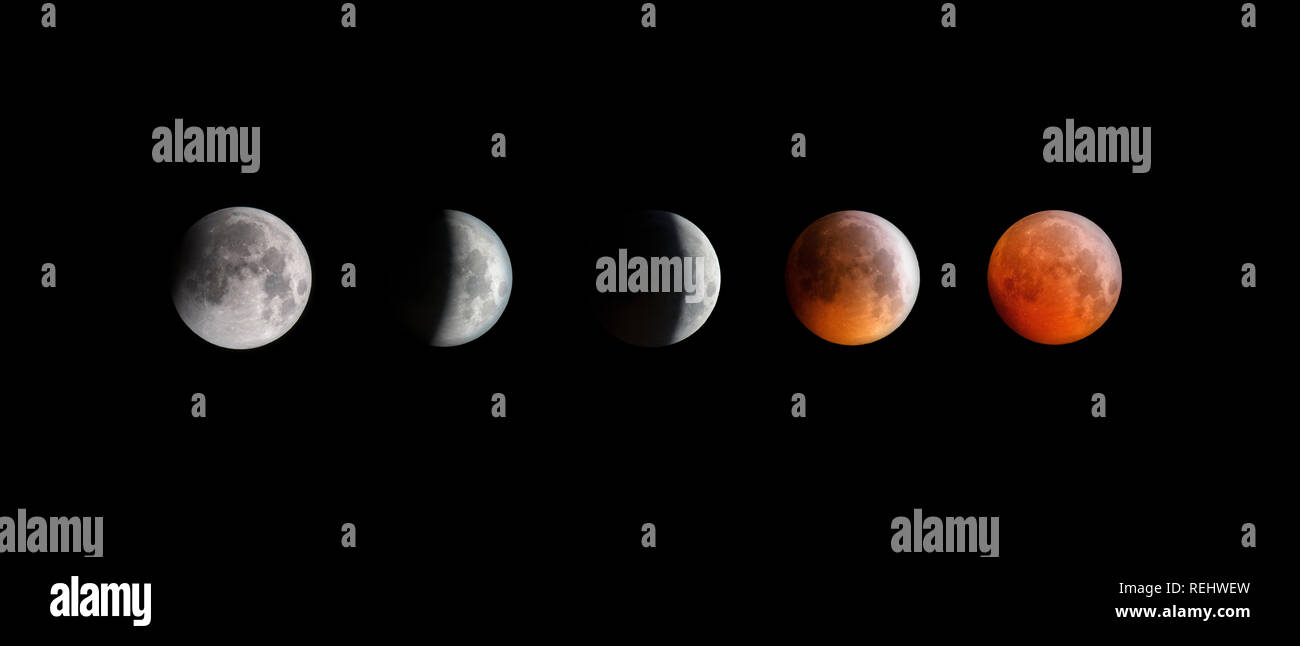 Lunar eclipse composite showing various stages of the event, Cornwall