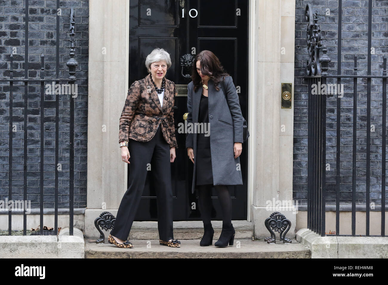British Prime Minister Theresa May (L) is seen with the New Zealand Prime Minister Jacinda Ardern (R) outside the No 10 Downing Street. Stock Photo
