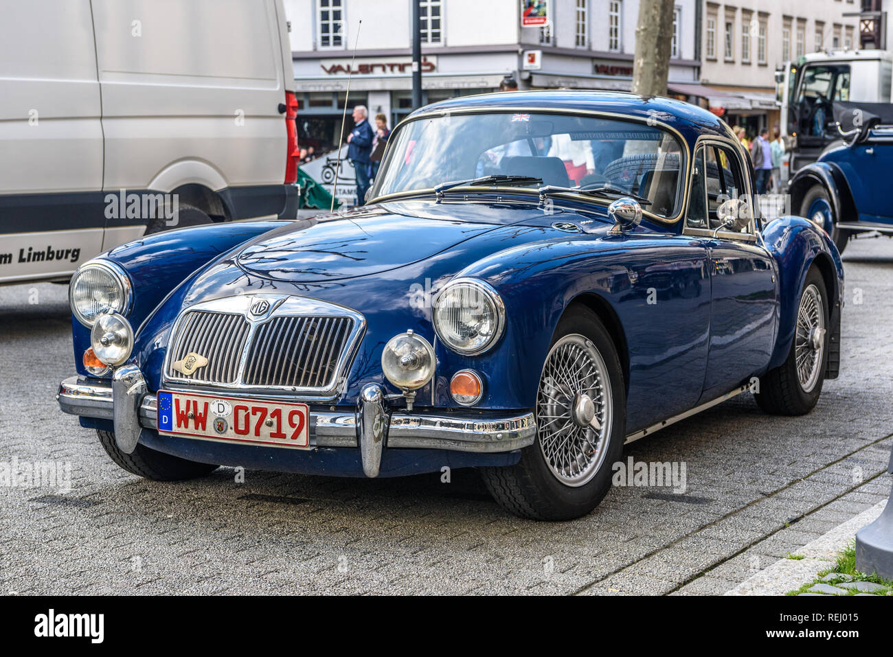 GERMANY, LIMBURG - APR 2017: blue MG MGA 1955 SPORTS CAR in Limburg an der Lahn, Hesse, Germany. Stock Photo