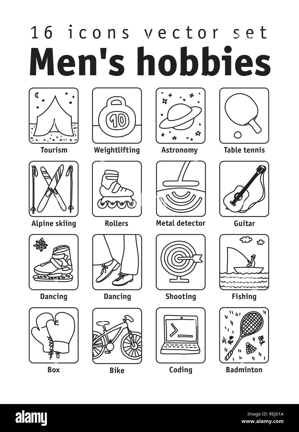 Hobbies men objects sport tourism coding black and white icons set Stock  Vector Image & Art - Alamy