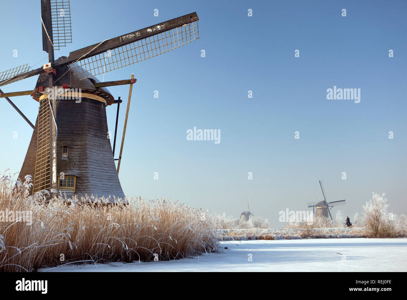 The Netherlands, Kinderdijk, Windmills in snow, Unesco World Heritage Site. Man on bicycle on dike. Stock Photo