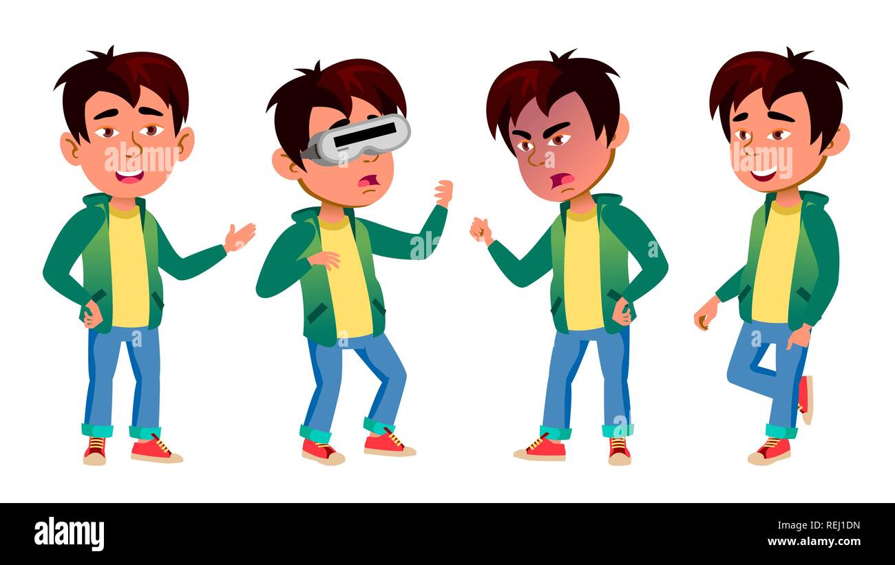 Asian Boy Set Vector. Primary School Child. For Postcard, Cover, Placard Design. Isolated Cartoon Illustration Stock Vector