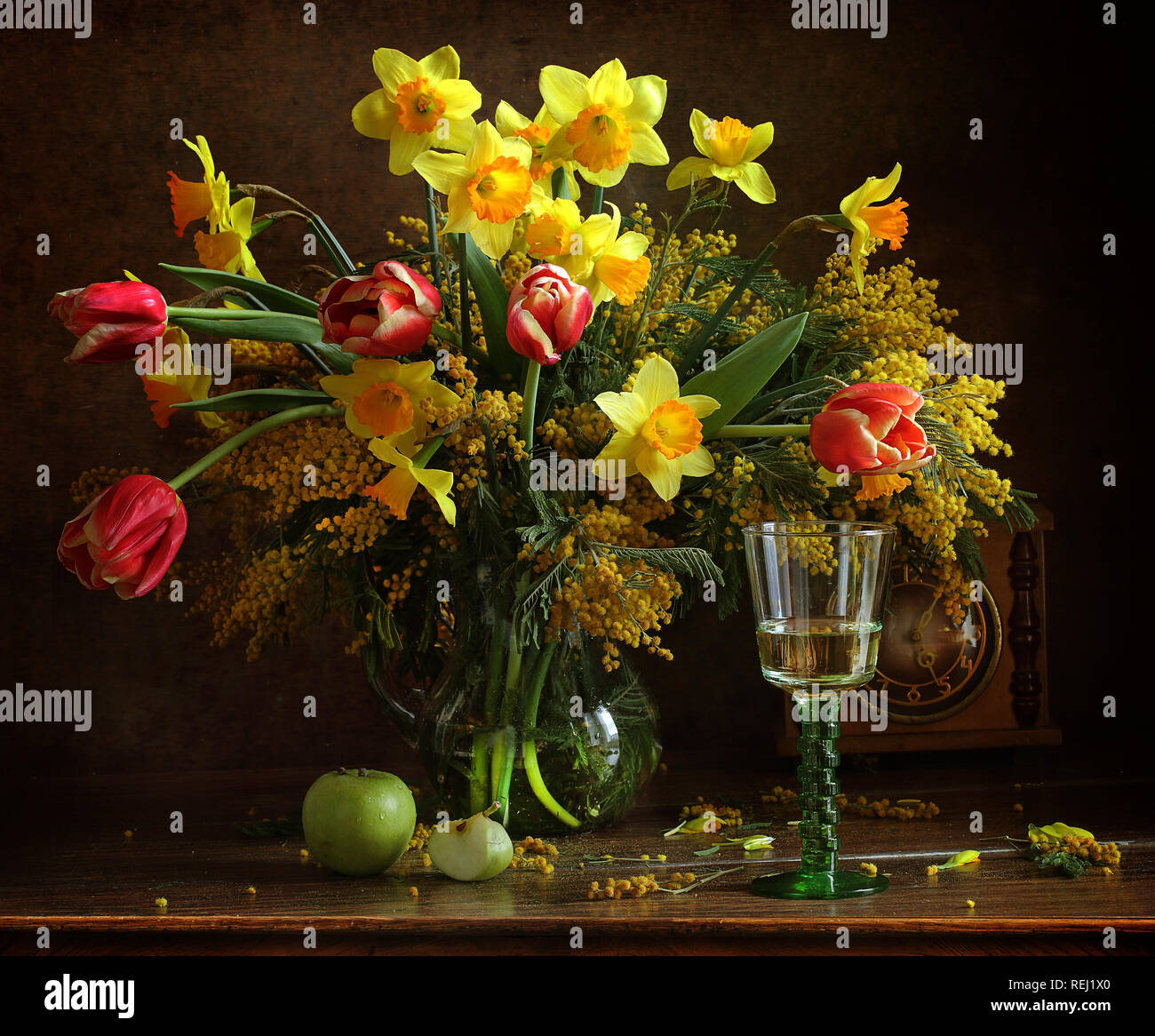 Still life with a bouquet of tulips and daffodils Stock Photo - Alamy