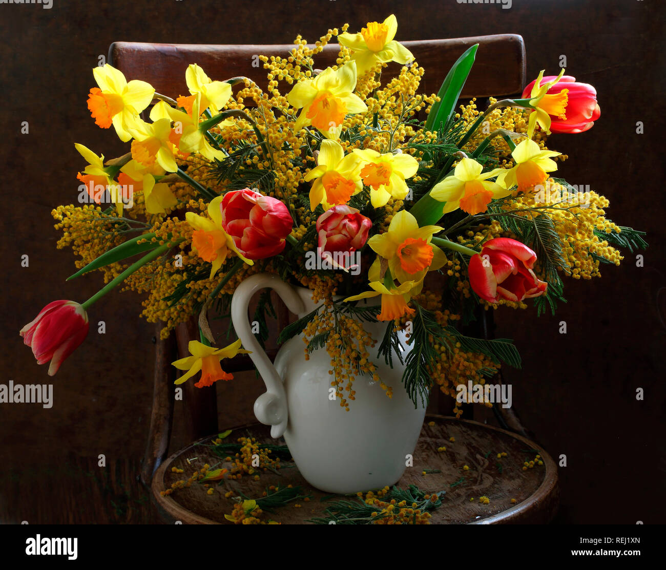 Still life with a bouquet of tulips and daffodils Stock Photo - Alamy