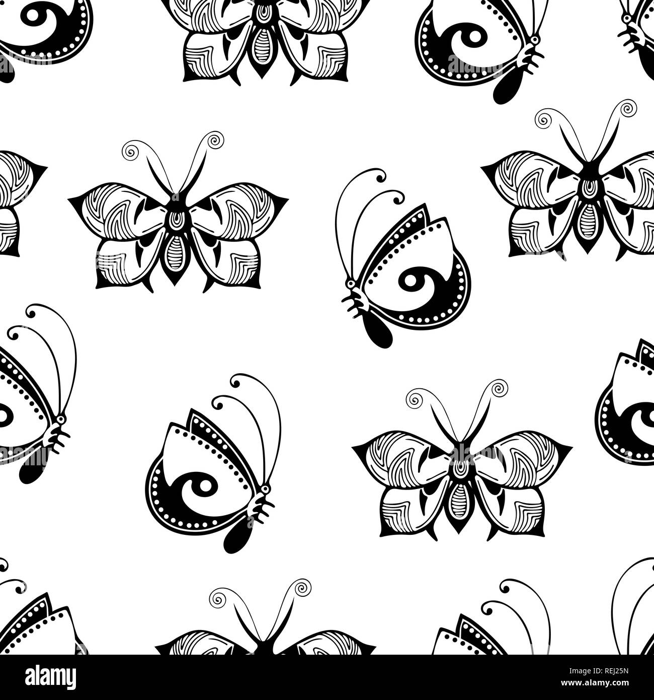 abstract butterflies seamless pattern black and white hand drawing monochrome outline textile print vector illustration patterned winged insect on stock vector image art alamy