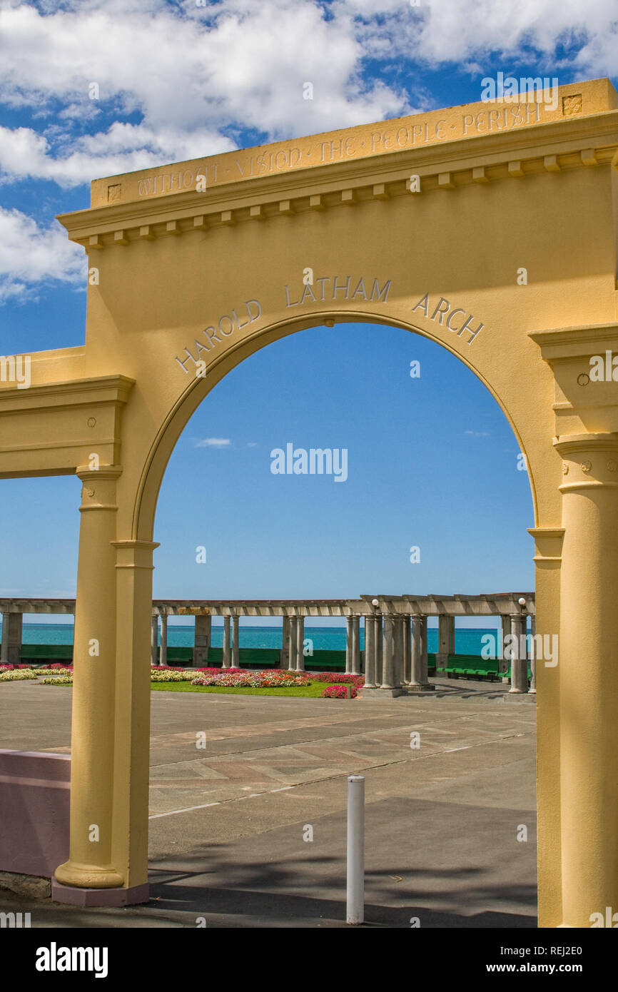 Yellow art deco arch in Napier, New Zealand from the 1930's. Stock Photo