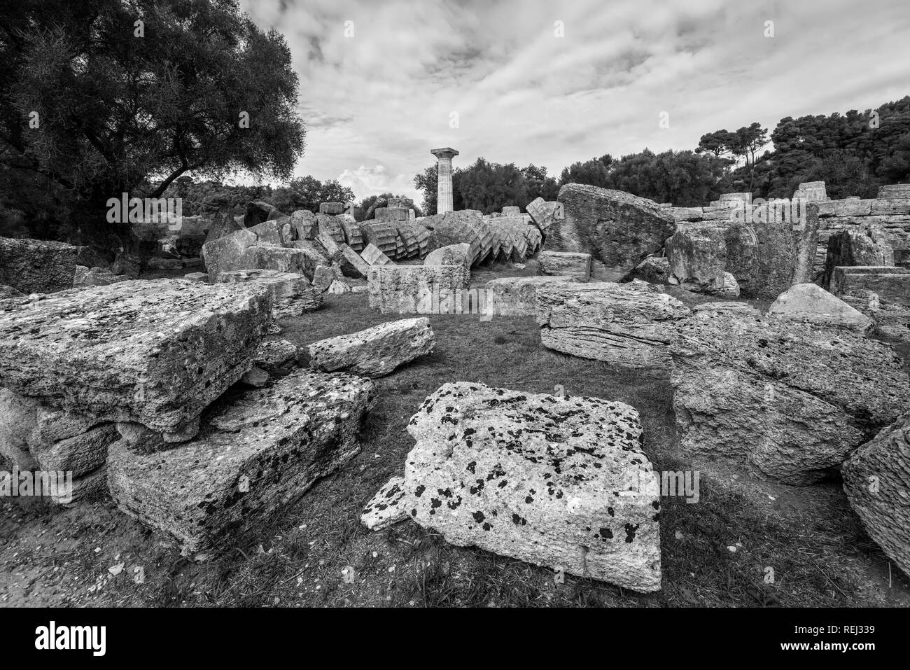 Ruins of the Temple of Zeus, Olympia, Greece. Black and white photography. Stock Photo