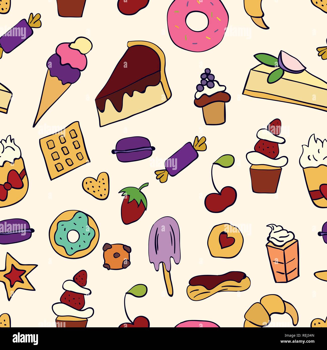 Doodle illustration of desserts and pastries. Seamless pattern with desserts. Hand drawn vector illustration made in cartoon style. Sweets and dessert Stock Vector