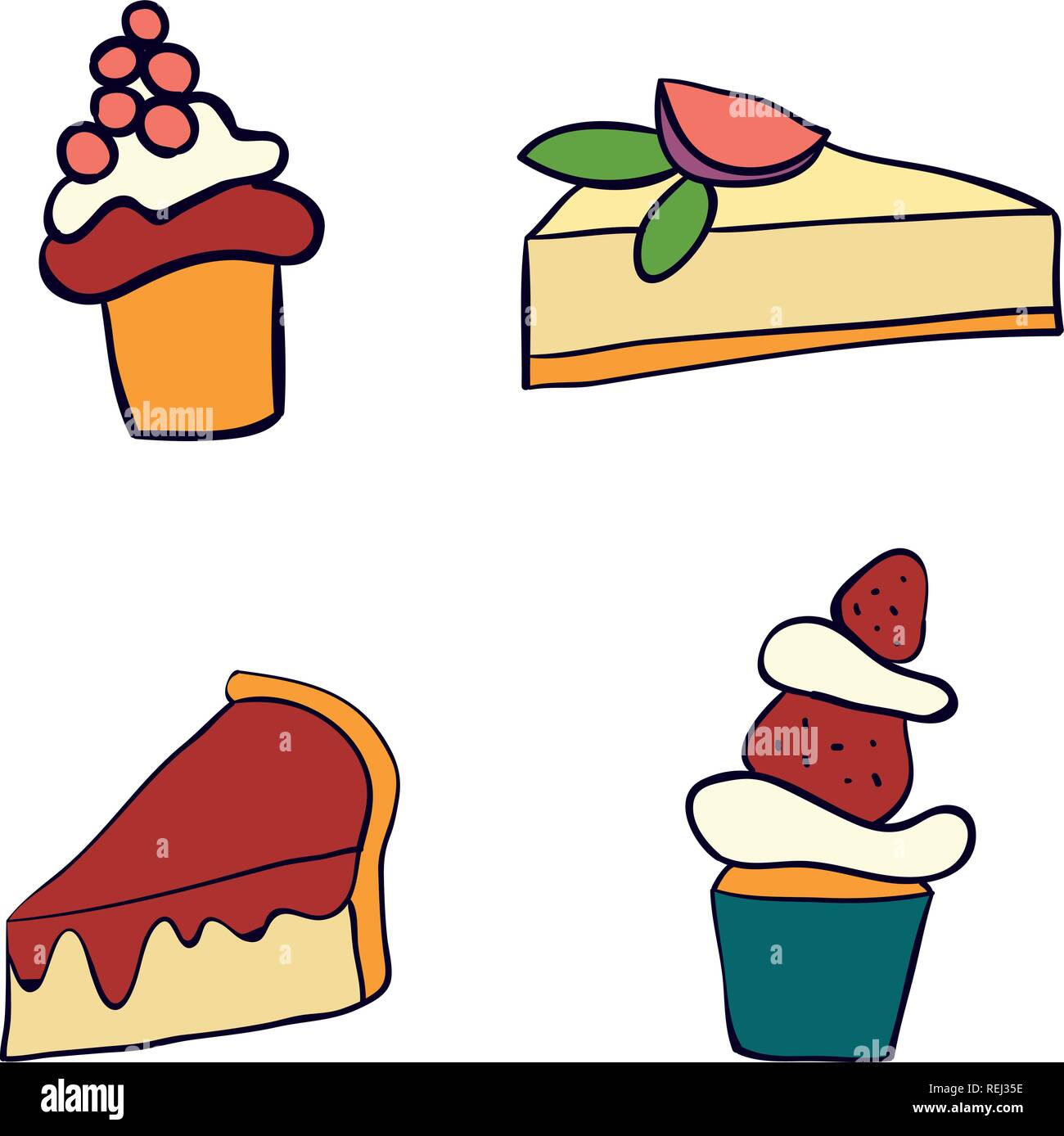 Hand drawn sweet cakes slices set vector illustration. Doodle illustration. Cake pieces, chocolate, cokie and sweets in doodle style. Vector illustrat Stock Vector