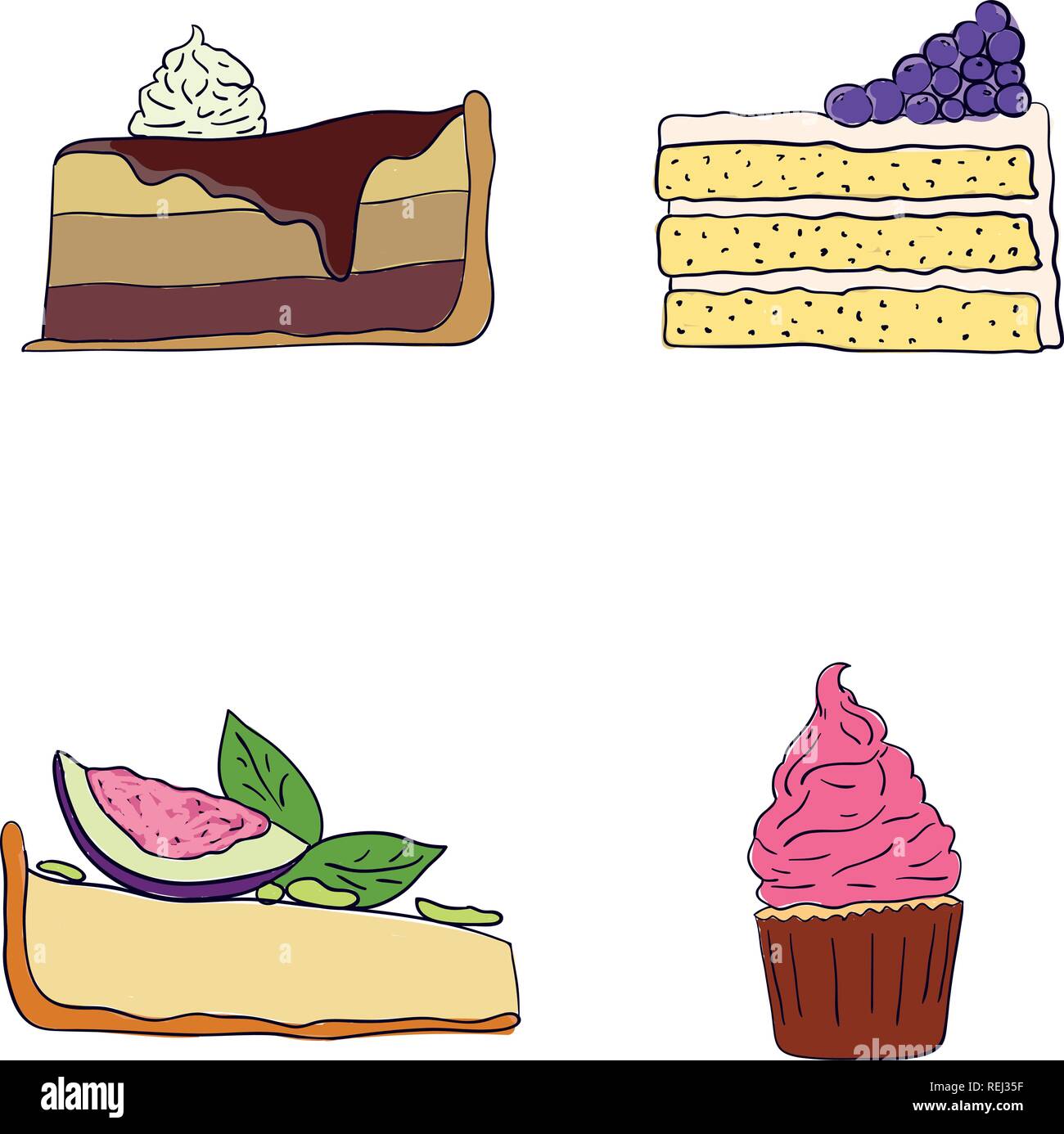 Hand drawn sweet cakes slices set vector illustration. Doodle illustration. Cake pieces, chocolate, cokie and sweets in doodle style. Vector illustrat Stock Vector