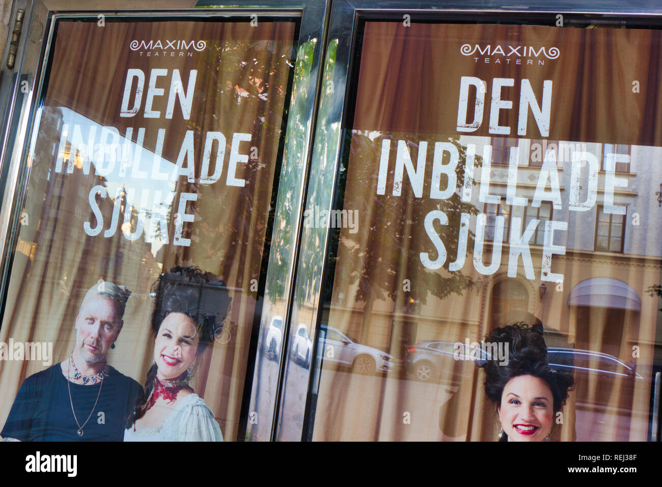 Theatre advert for Den Inbillade Sjuke (The Imiginary Invalid) starring Mikael Persbrandt and Petra Mede, Maxim Teatern, Stockholm, Sweden Stock Photo