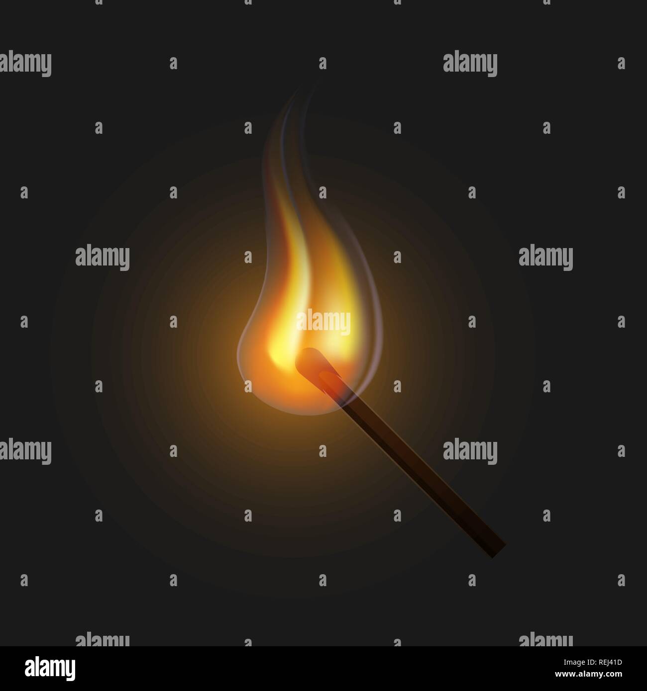Burning match on a black background for design. Realistic fire. Vector