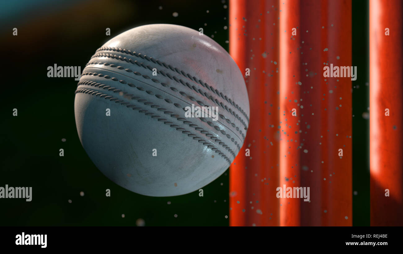 An extreme closeup of a white leather stitched cricket ball hitting orange wickets with dirt particles emanating from the impact at night - 3D render Stock Photo