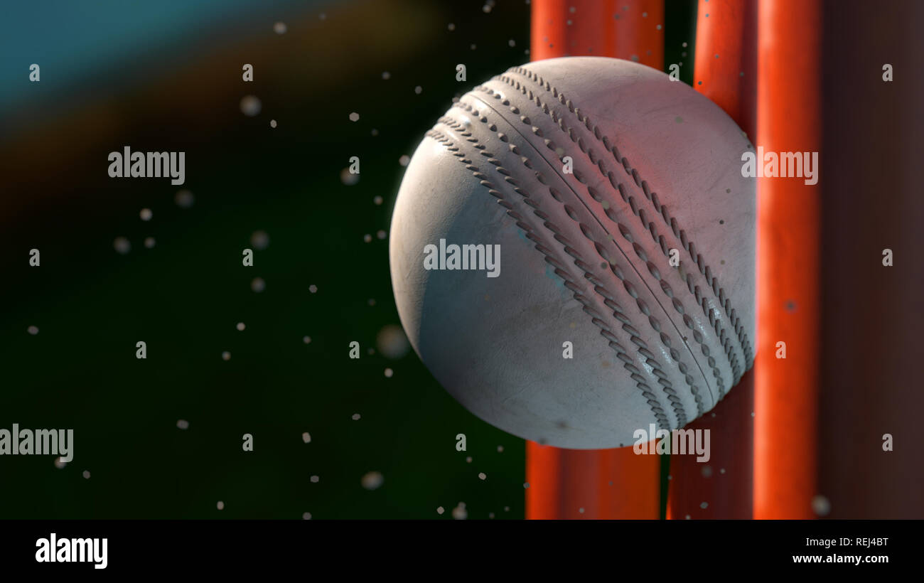 An extreme closeup of a white leather stitched cricket ball hitting orange wickets with dirt particles emanating from the impact at night - 3D render Stock Photo