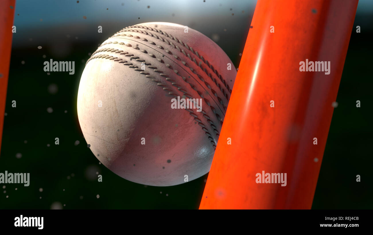 An extreme closeup of a white leather stitched cricket ball hitting orange wickets with dirt particles emanating from the impact at night - 3D render Stock Photo