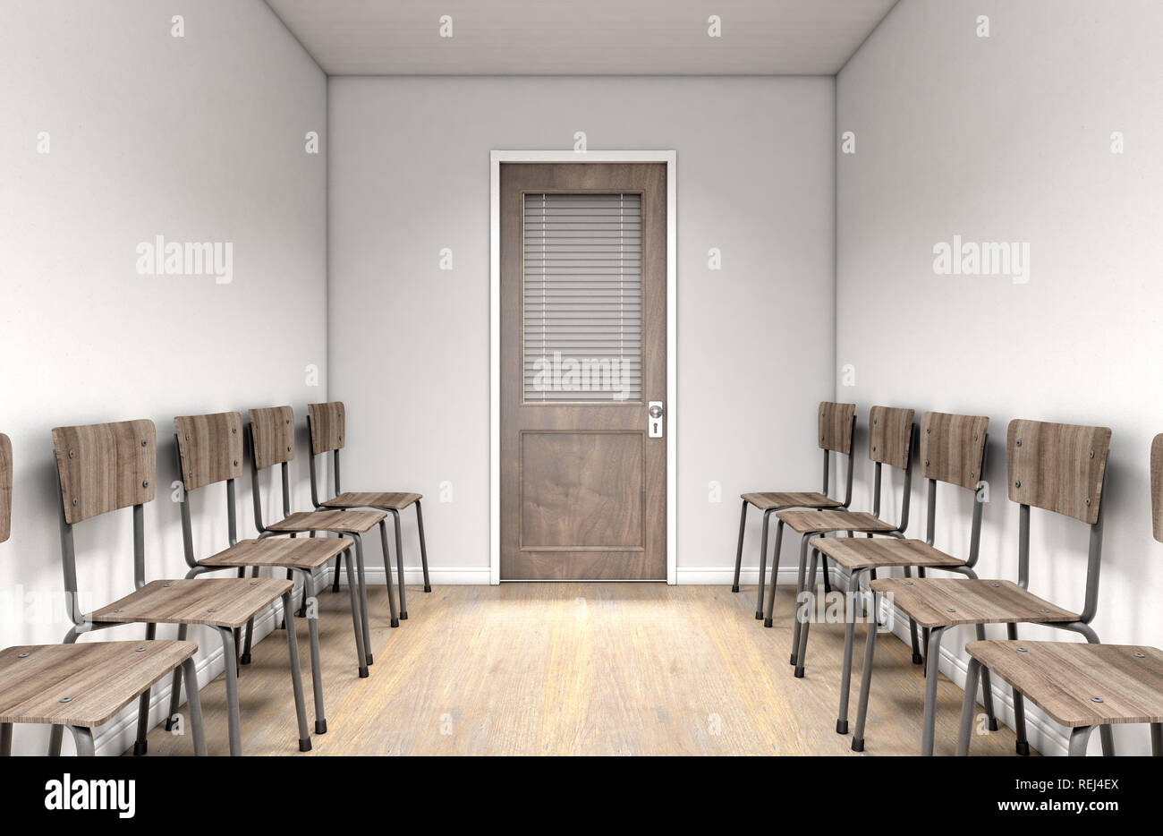 A passage waiting room interior with a shut wooden office door at the far end and chairs lined up on either side  - 3D render Stock Photo