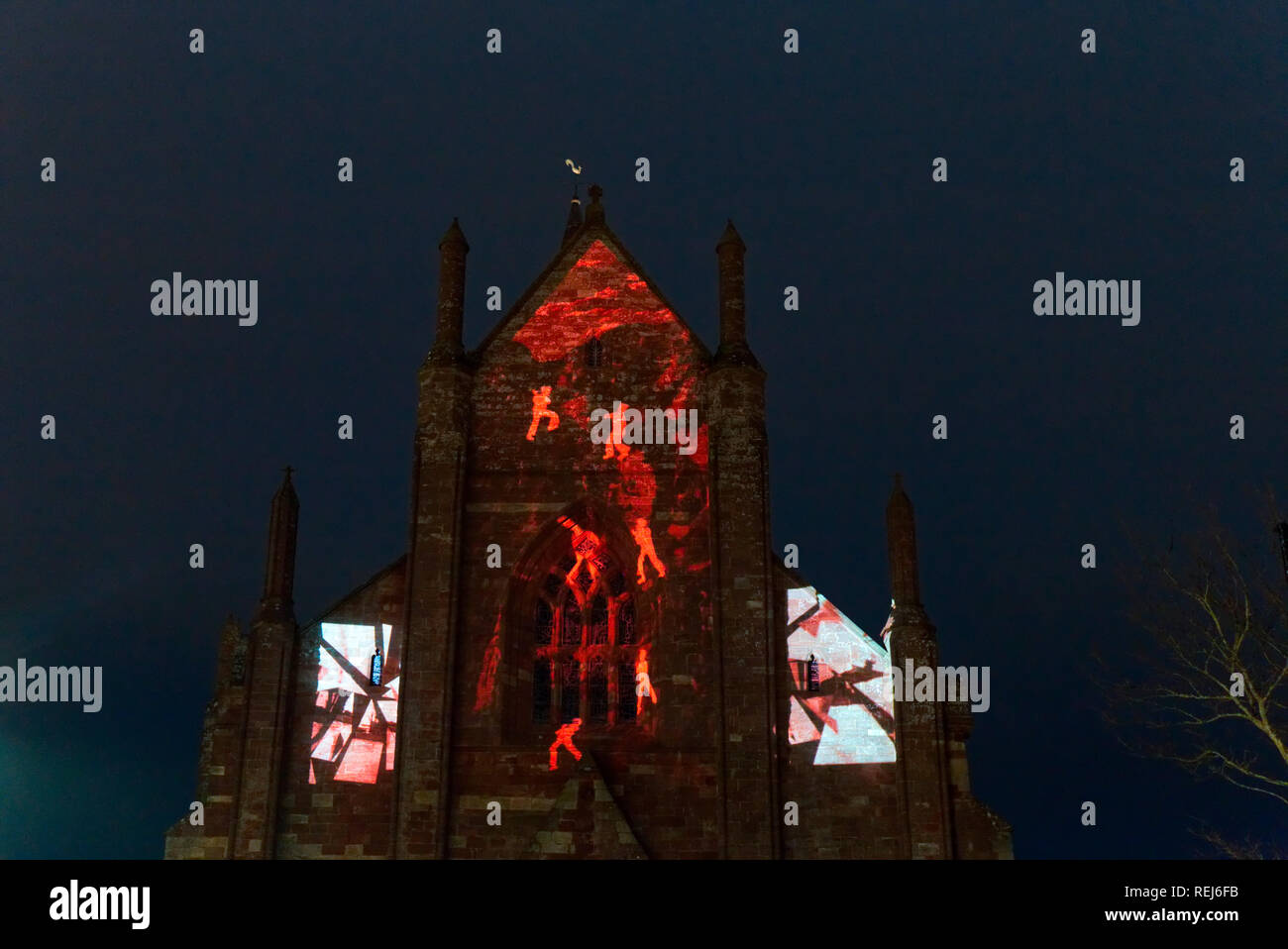 St Magnus Cathedral, Kirkwall, Orkney Islands, Scotland, UK, 6th November 2018. Short film displayed on cathedral walls marking the centenary WW1 Stock Photo
