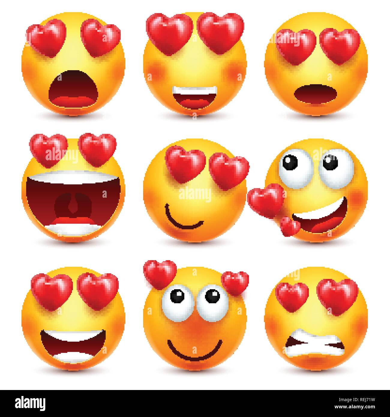 Smiley Emoji With Red Heart Vector Set. Valentines Day Yellow Cartoon  Emoticons Face. Love Feeling Expression Stock Vector Image & Art - Alamy