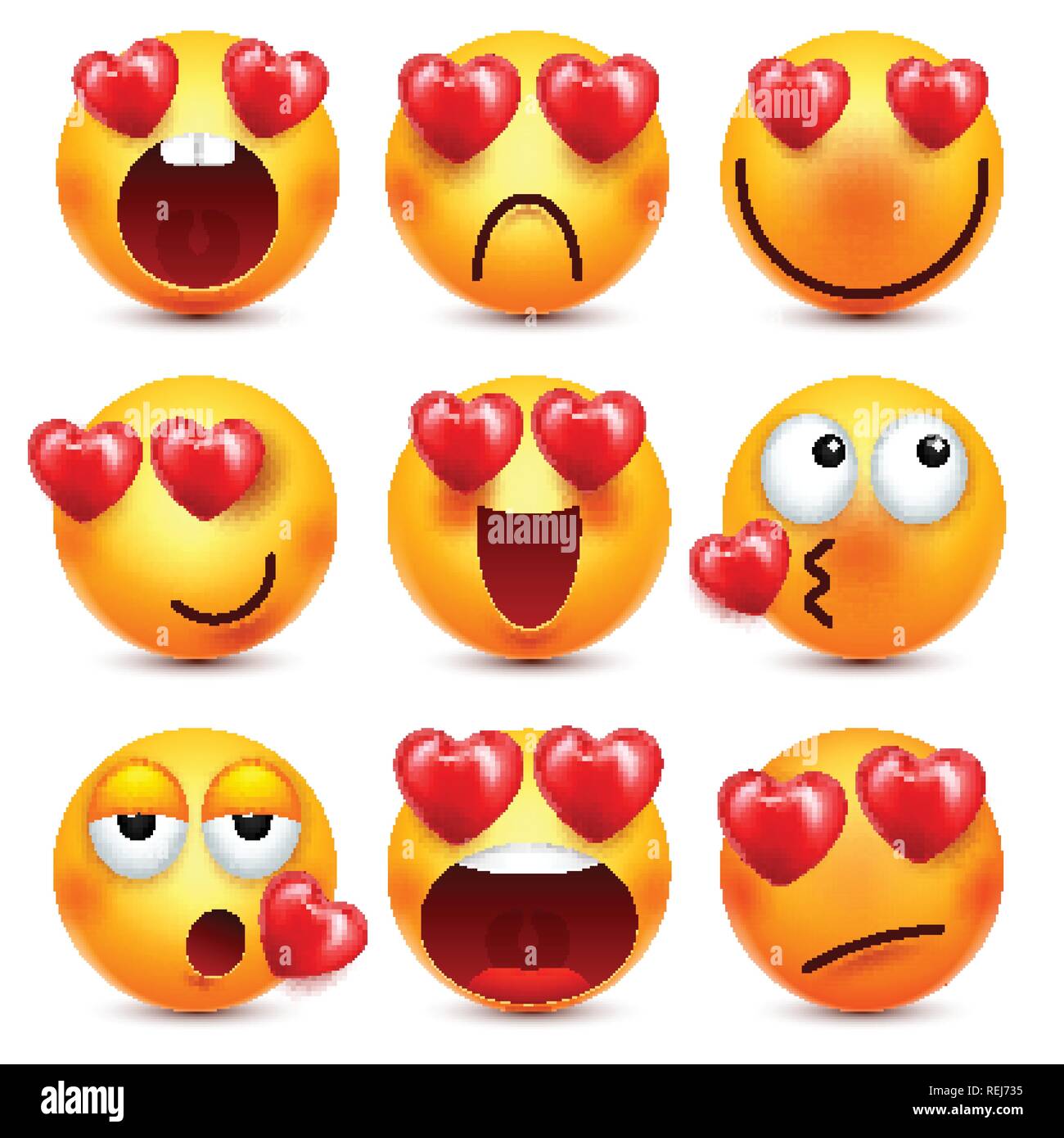 Smiley Emoji With Red Heart Vector Set. Valentines Day Yellow Cartoon  Emoticons Face. Love Feeling Expression Stock Vector Image & Art - Alamy