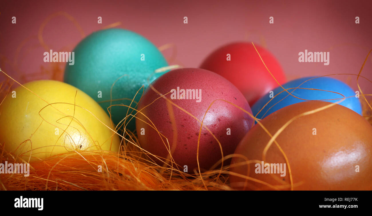 Painted Easter Eggs on orange straw Stock Photo