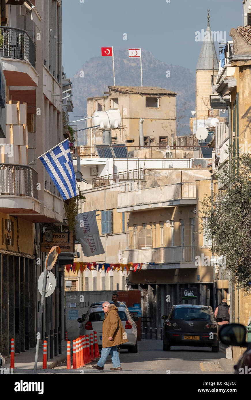 A view across the buffer zone in Nicosia, Cyprus between the Greek Cypriot and Turkish Cypriot sides of the last divided city in europe. Stock Photo