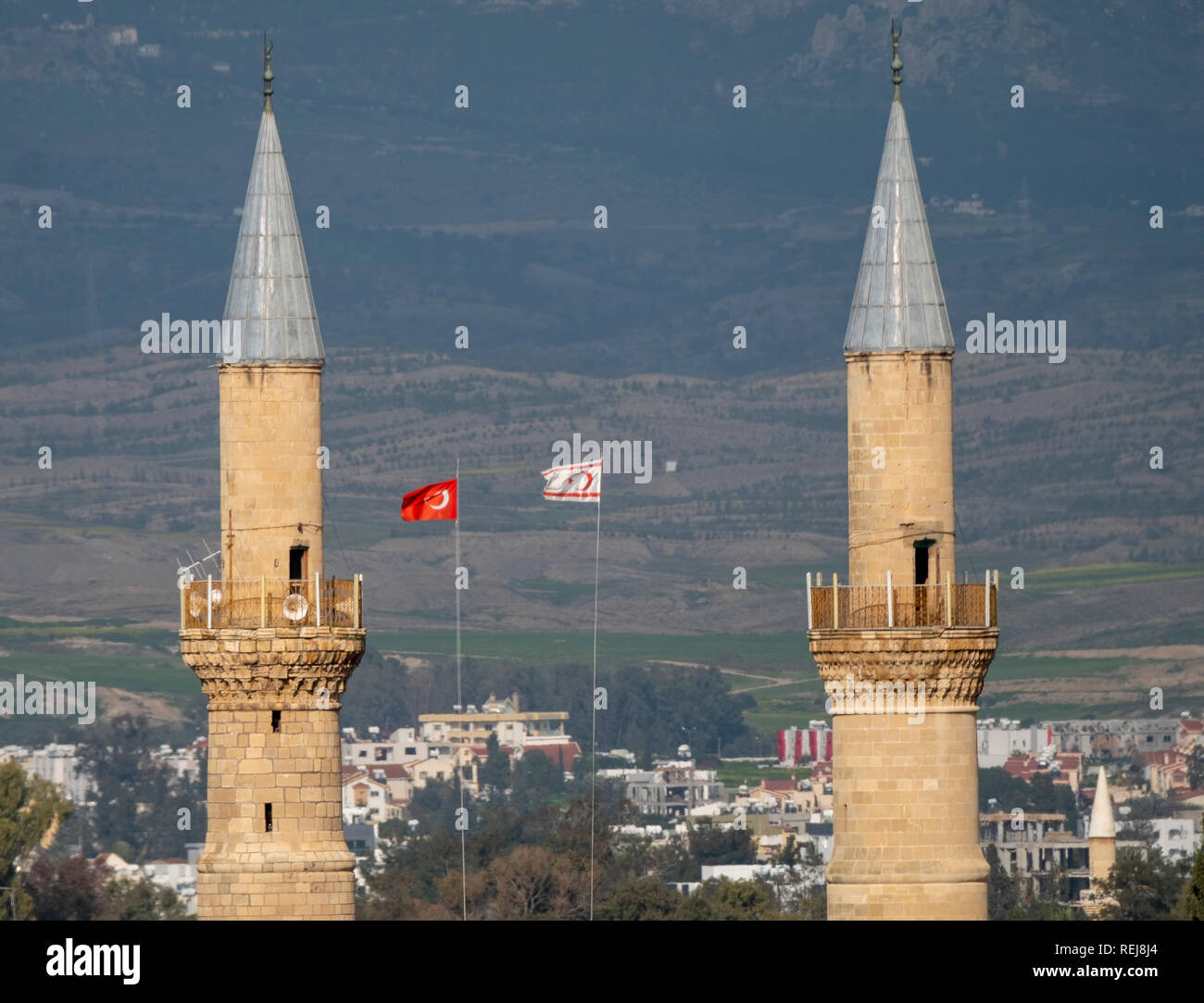 View of the twin minarets of the Selimiye Mosque in north Nicosia (Lefkosia), Cyprus. Stock Photo