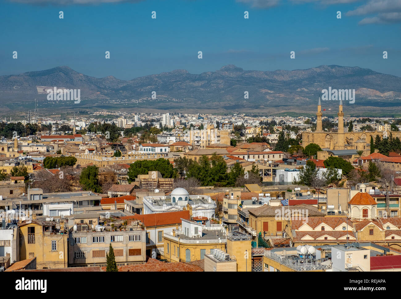 View of both sides of Nicosia (Lefkosia), the last divided capital of the world from Shacolas (or 'Siakolas') tower, Cyprus. Stock Photo