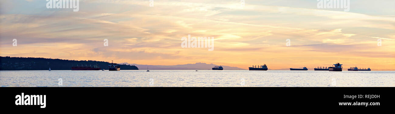 English Bay With Ships & Pink Clouds panoramic Stock Photo