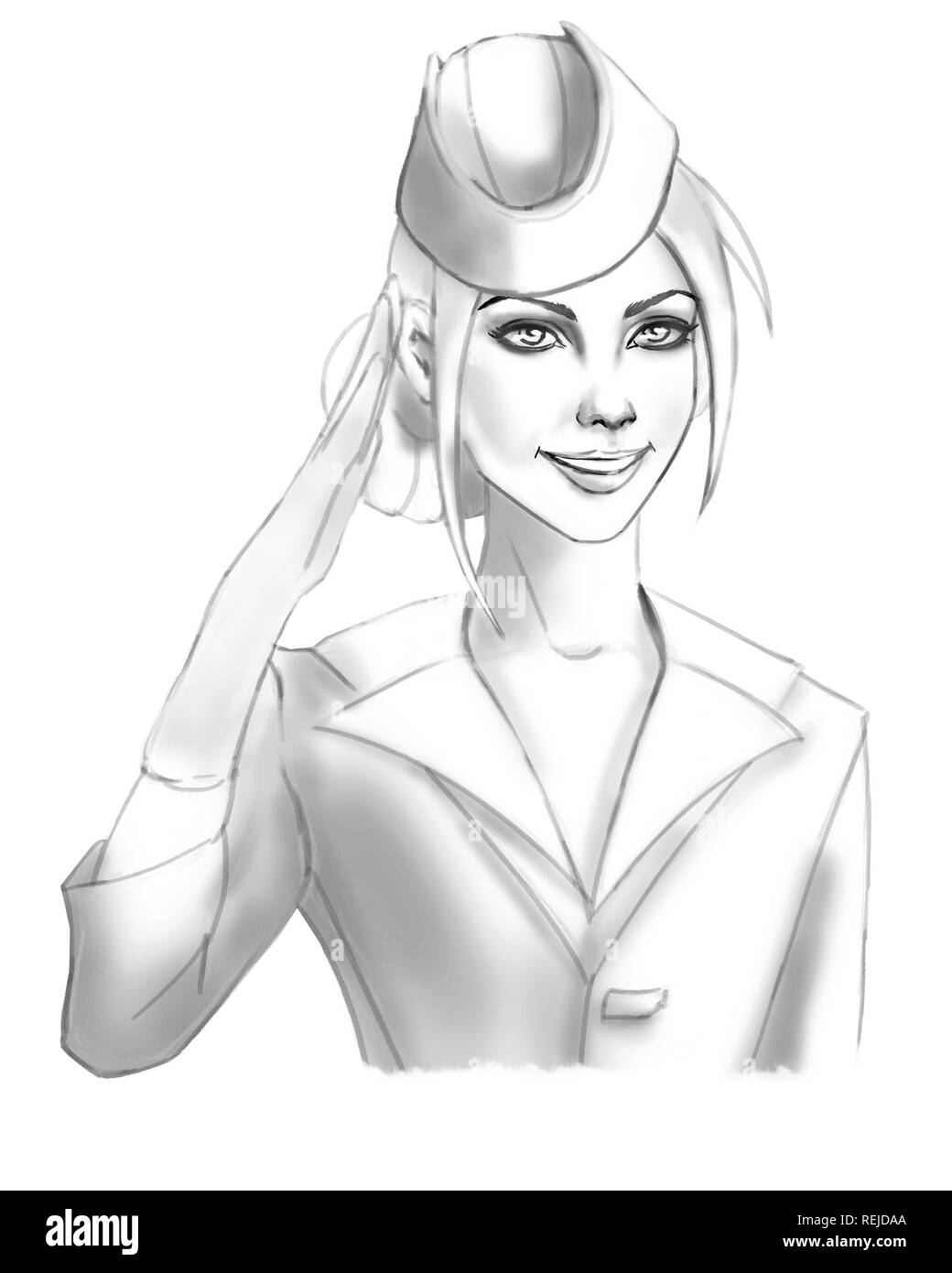 young beautiful comic cartoon female flight attendant black and white sketch drawing Stock Photo