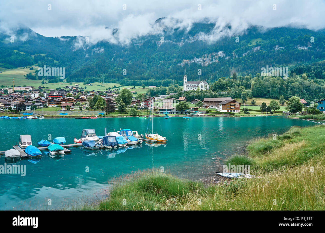 Landscape panorama with green nature in Lungern / Lungernsee lake, Swiss Alps, canton of Obwalden, Switzerland Stock Photo