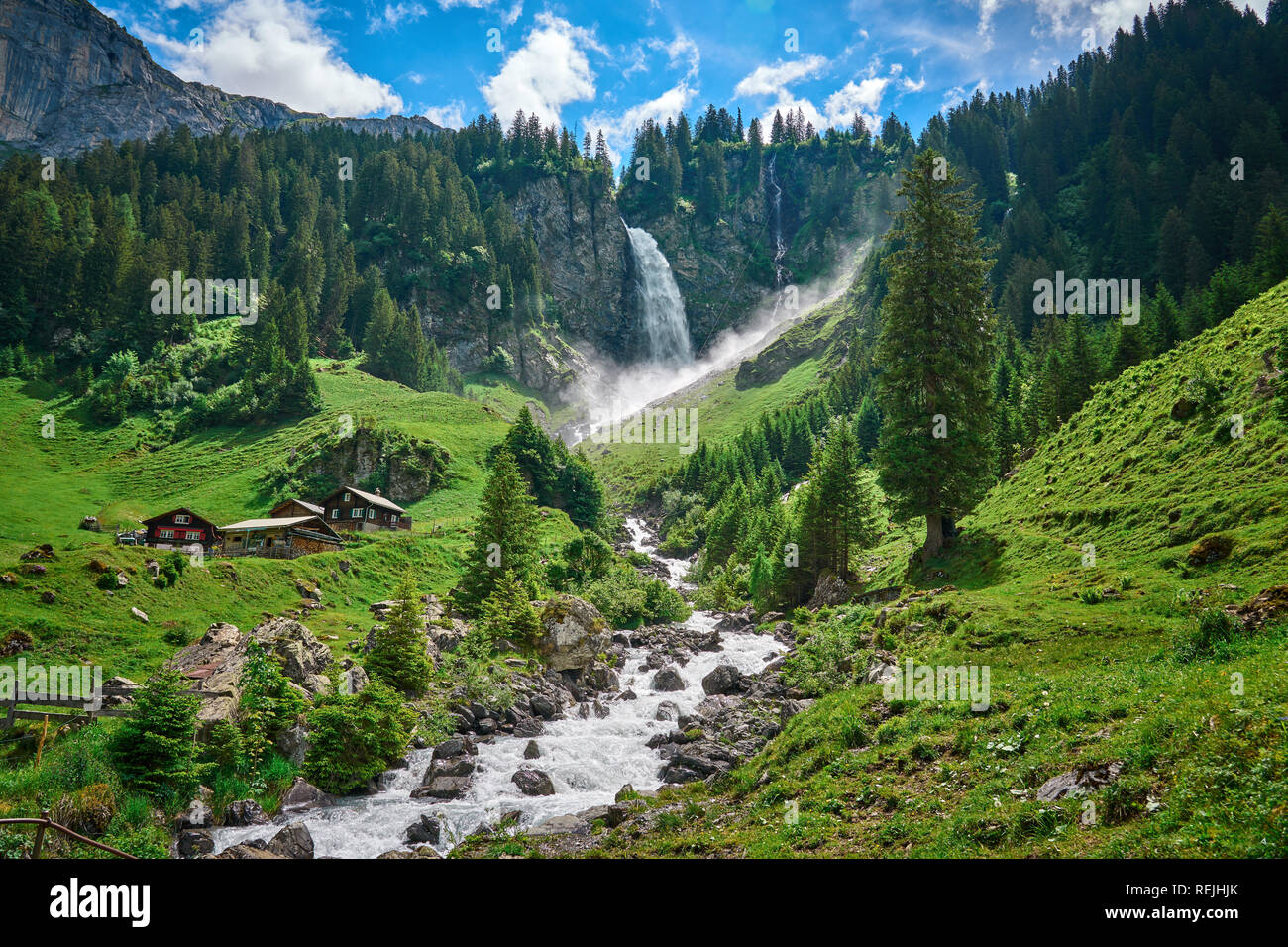 Beautiful landscape panorama from Swiss Alps, with cows, waterfall, meadow and farm houses. Taken in Äsch (Asch) village, canton of Uri, Switzerland. Stock Photo
