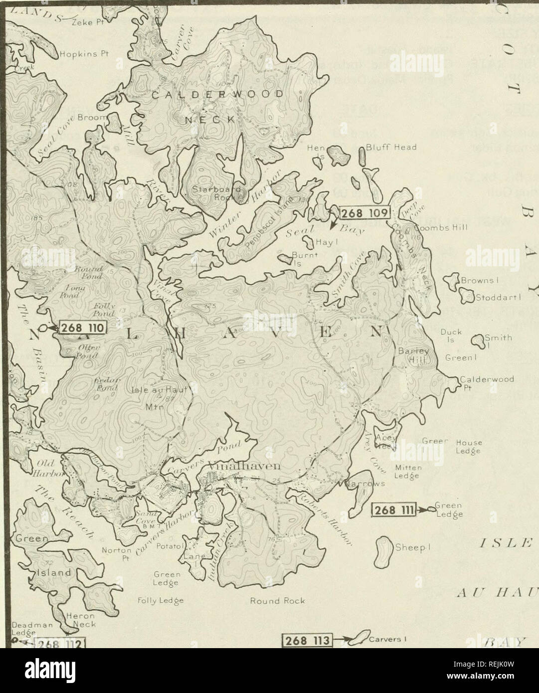 . Coastal waterbird colonies, Maine to Virginia, 1977 : an atlas showing colony locations and species composition. Sea birds -- Atlantic States; Birds -- Atlantic States. U 268 109 TO 119 VINALHAVEN SE/4. Deadman fc^JBLGC* Led6e '^-J268 112] Heron Neck Ledge 268 n3h-^VCar&quot;er5 AU II A r T ha y Arey Ledges 268 114} Hay Is Channel RocU [268 JlSlyQ ^f268116l BfeOJKgg? Oiamo nd Rock Little Brimstoae [268 117 Otter 1268 119:- r i m stone irimstone I Holden Ledge 79. Please note that these images are extracted from scanned page images that may have been digitally enhanced for readability - color Stock Photo