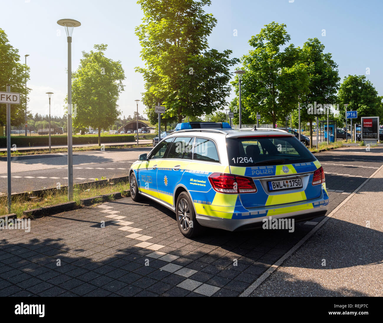 BADEN, GERMANY - MAY 11, 2018: Rear view of Polizei Police car Mercedes-Benz blue car parked in front of Karlsruhe Baden-Baden Airport (IATA: FKB, ICAO: EDSB) Stock Photo