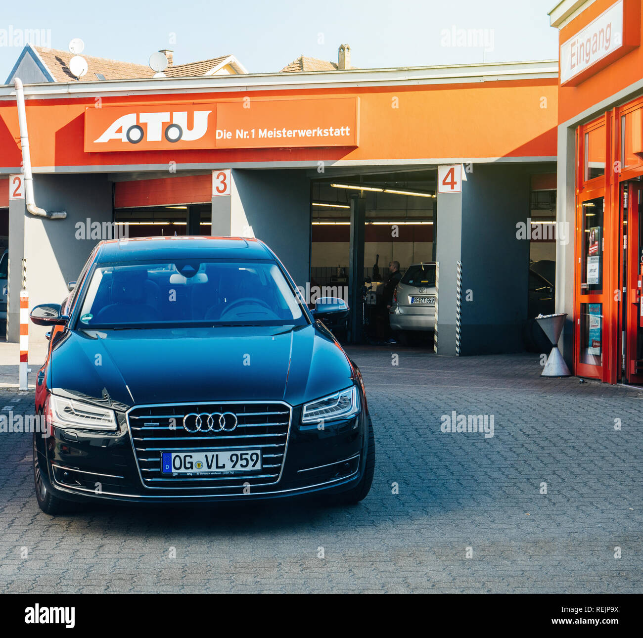 FRANKFURT, GERMANY - APR 17, 2018: German Audi car in front of the  Auto-Teile-Unger car service Stock Photo - Alamy