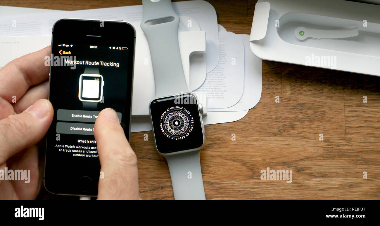 PARIS, FRANCE - APR 12 2018: POV man unboxing unpacking latest Apple Watch  Series 3 GPS LTE smartwatch workout route tracking watchos 5 Stock Photo -  Alamy