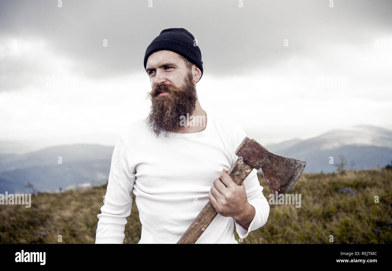 Lumberjack Man Long Beard Brutal Caucasian Hipster With