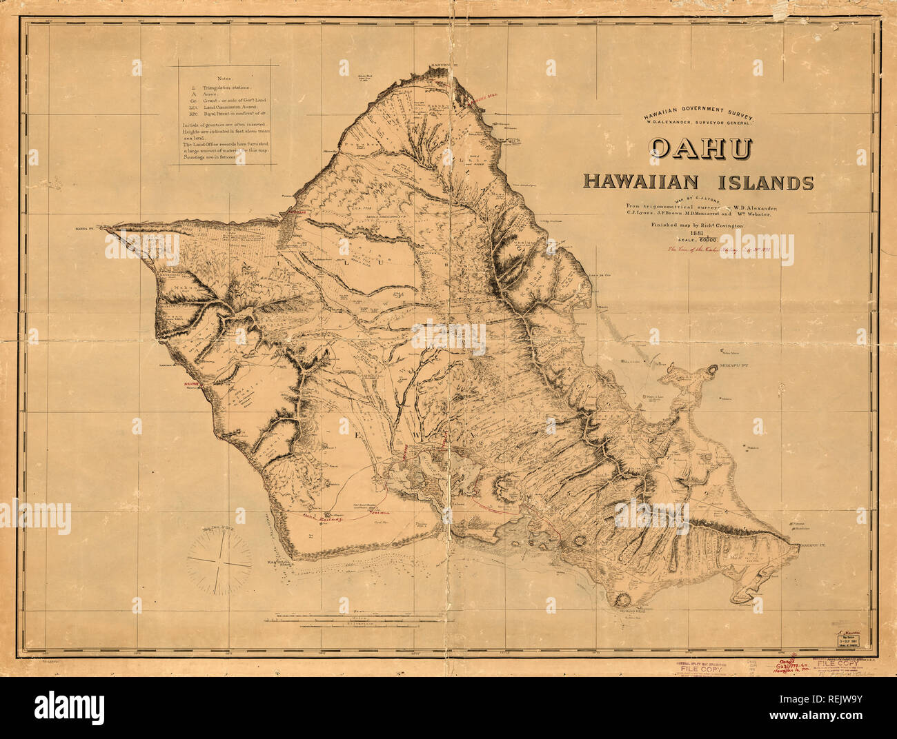 Oahu, Hawaiian Islands, Survey Map, by C.J. Lyons, from Trigonometrical Surveys by W.D. Alexander, C.J. Lyons, J.F. Brown, M.D. Monsarrat and Wm. Webster, Finished Map by Richard Covington, 1881 Stock Photo