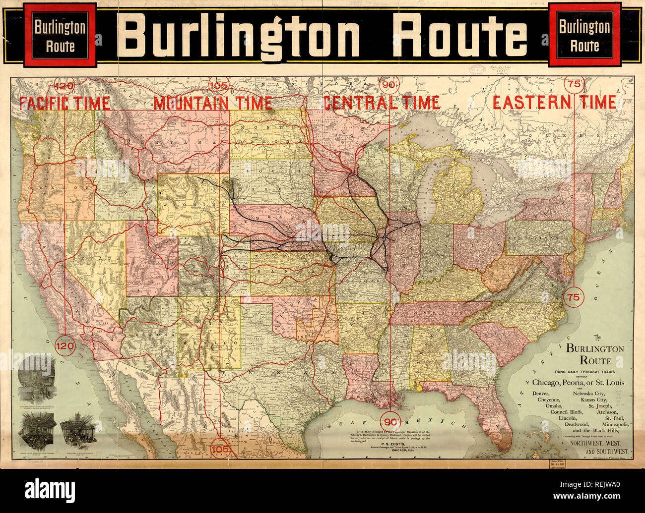 Burlington Railroad Route Map, Rand McNally & Company, 1892 Stock Photo