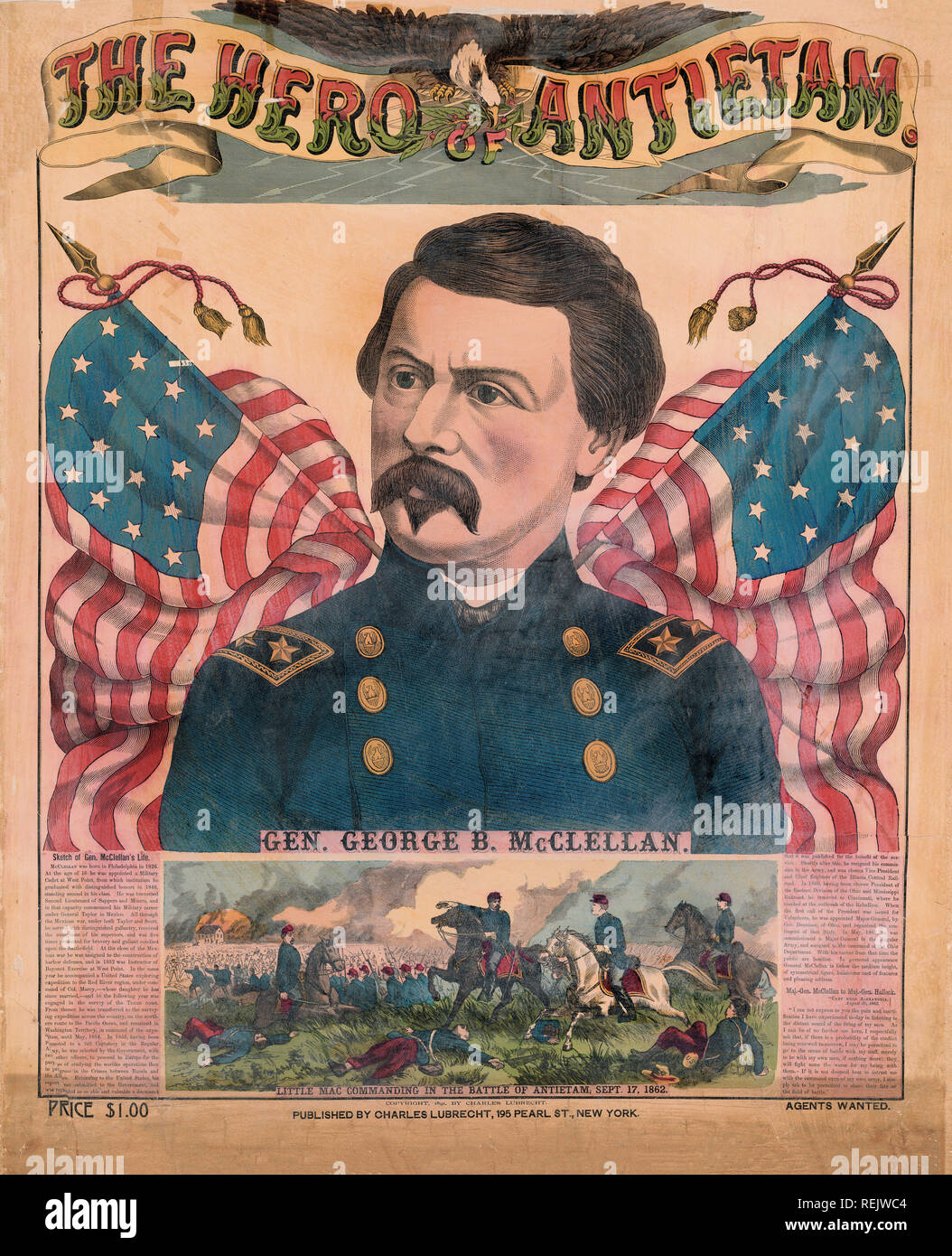 The Hero of Antietam, General George B. McClellan, Little Mac Commanding in the Battle of Antietam, September 17, 1862, Published by Charles Lubrecht, 1891 Stock Photo