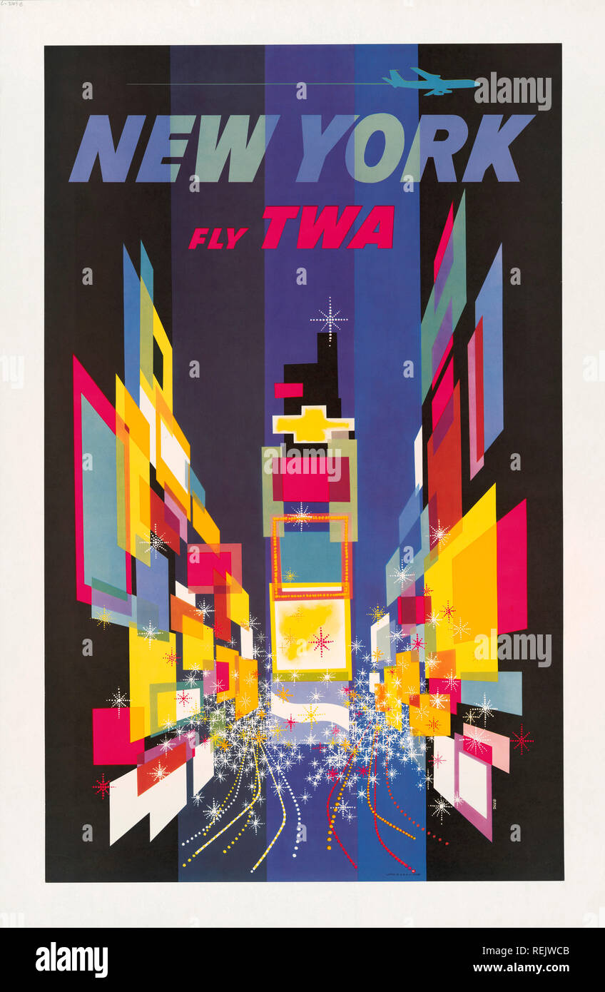 Abstract Interpretation of Times Square with Jet Flying Above, 'New York, Fly TWA', Poster, David Klein, 1956 Stock Photo