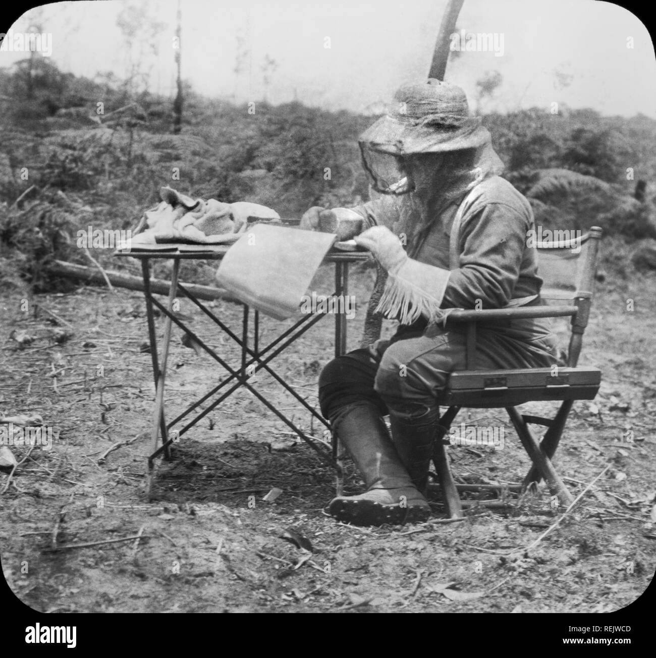 Theodore Roosevelt, Seated at Folding Table, Writing during Roosevelt-Rondon Scientific Expedition, Brazil, December 1913 Stock Photo