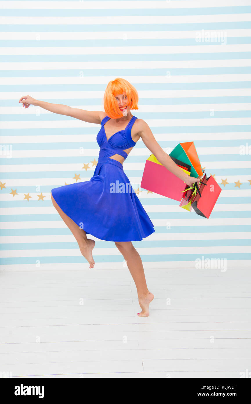 happy woman go shopping. Crazy girl with shopping bags. Last preparations. big sale in shopping mall. Happy shopping online. Happy holidays. Fashion. Black Friday sales. Clothing store. Stock Photo