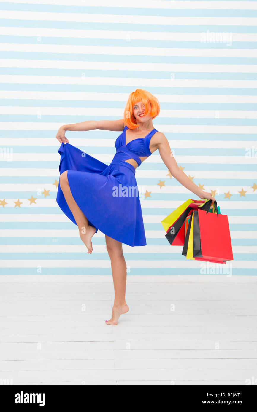 Fashion. Pleasant shopping. Black Friday sales. Last preparations. big sale in mall. Crazy girl with shop bags. happy woman go shopping. Happy shopping online. Incredible time while shopping. Stock Photo