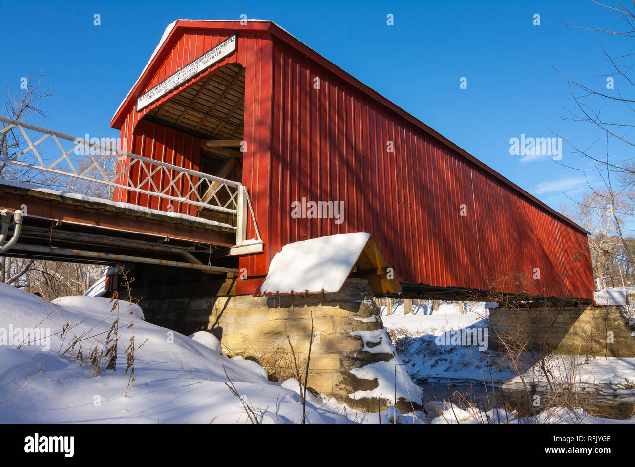 The "Red Covered Bridge" in Princeton, Illinois on a Winter morning