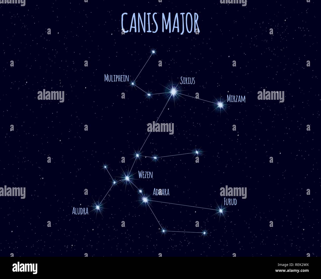 Canis Major (The Great Dog) constellation, vector illustration with the names of basic stars against the starry sky Stock Vector