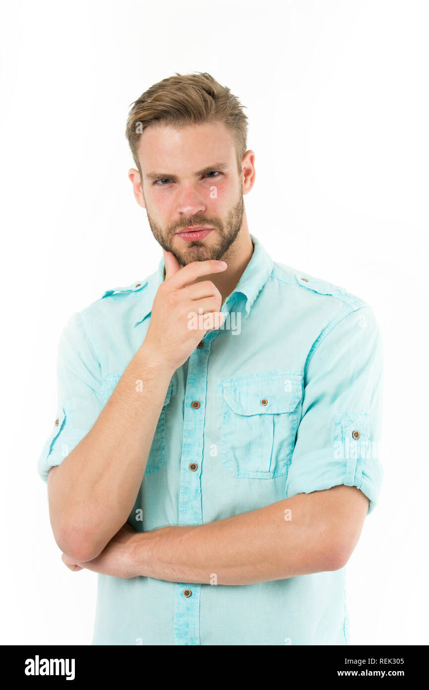 Close To Solution Man With Bristle Serious Face Thinking White