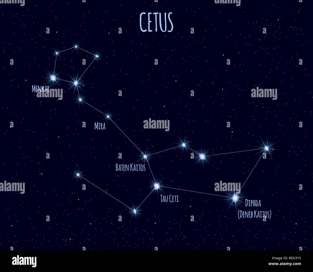 Cetus (The Whale) constellation, vector illustration with the names of basic stars against the starry sky Stock Vector