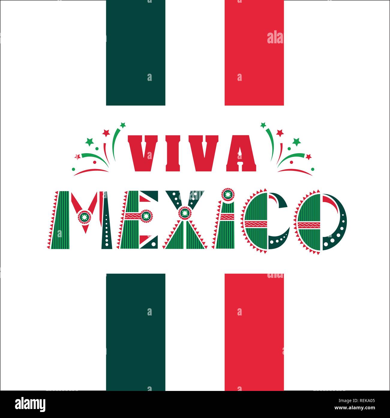 Viva Mexico, national mexican phrase holiday, typography vector illustration in flag colors, ornaments with fireworks. Stock Vector